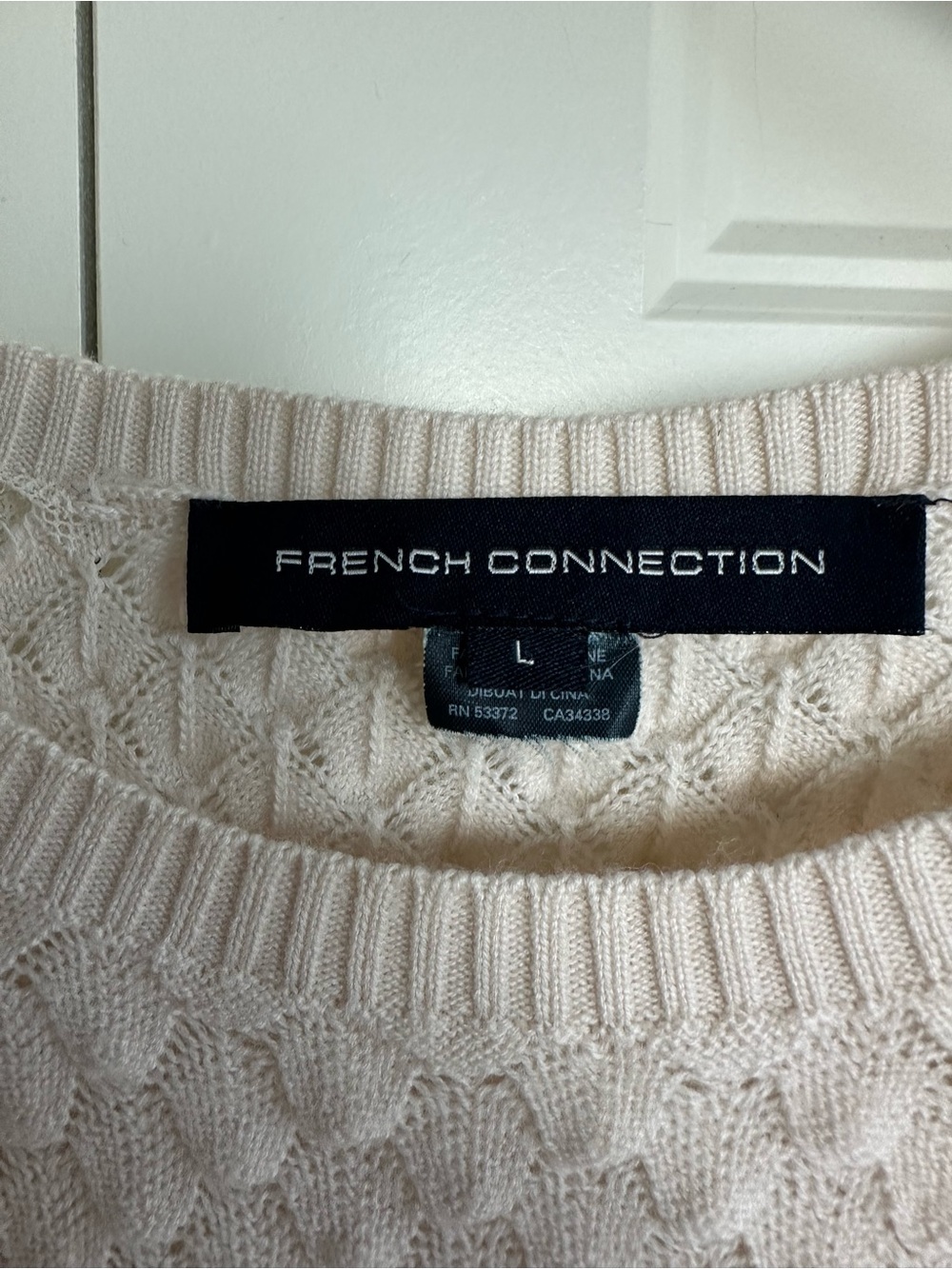 French Connection Cream Textured Knit Mesh Panel Sweater Women’s L Boho Light - Picture 5 of 6